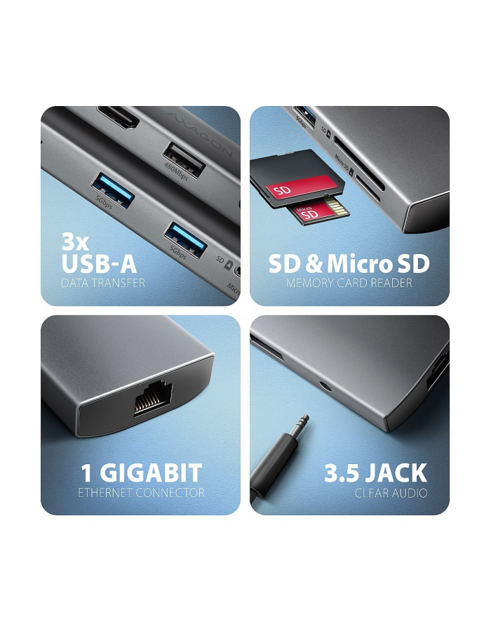 axagon HMC-8HLSA Wieloportowy hub USB-C 3.2 Gen 1 hub, 3x USB-A + 4K/30Hz HDMI + SD/microSD, GLAN, Audio, PD 100W, 20cm USB-C kabel główny