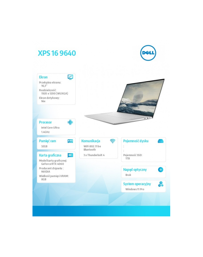 dell Notebook XPS 16 9640/Ultra 7 155H/32GB/1TB SSD/16.3 FHD+/GeForce RTX 4060/WLAN + BT/Backlit Kb/6 Cell/W11Pro główny