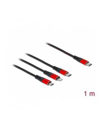 DeLOCK USB charging cable, USB-C plug > Micro-USB + USB-C + Lightning plug (Kolor: CZARNY/red, 1 meter, sleeved, only charging function)