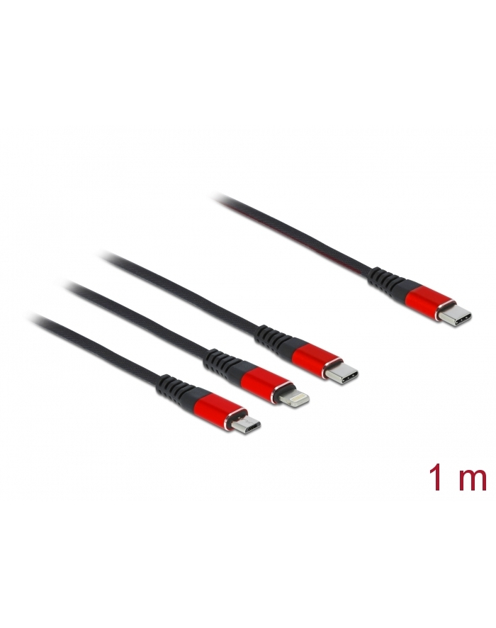 DeLOCK USB charging cable, USB-C plug > Micro-USB + USB-C + Lightning plug (Kolor: CZARNY/red, 1 meter, sleeved, only charging function) główny