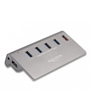 DeLOCK USB 10 Gbps hub with 4 USB Type-A ports + 1 quick charging port, USB hub (grey, incl. power supply)