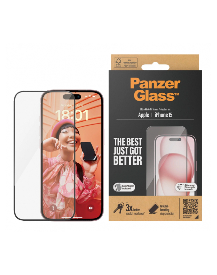 PanzerGlass screen pczerwonyector, pczerwonyective film (transparent/Kolor: CZARNY, iPhone 15, EasyAligner) główny