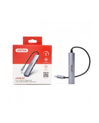 unitek HUB USB-C, 3x USB-A 2.0 1x USB-A 5 Gbps Aluminiowy