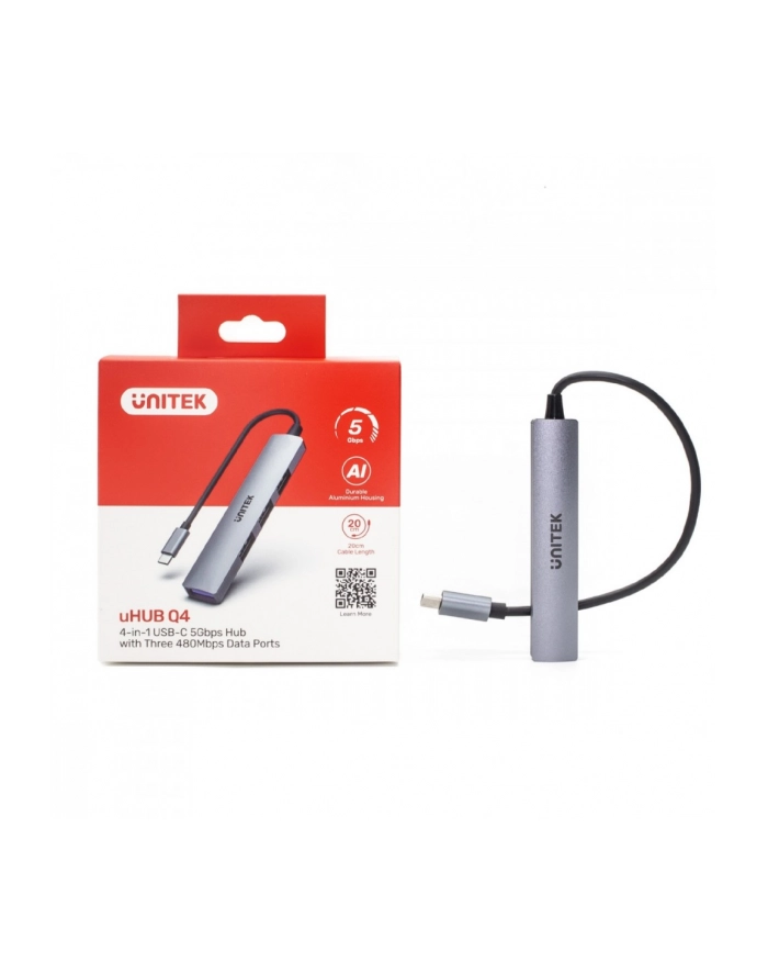 unitek HUB USB-C, 3x USB-A 2.0 1x USB-A 5 Gbps Aluminiowy główny