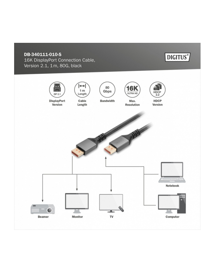 digitus Kabel połączeniowy PREMIUM DisplayPort 2.1 16K 60Hz DP/DP M/M 1m Czarny główny
