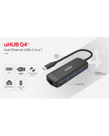 unitek Hub USB-C Aktywny, 3x USB-A 5Gbps, RJ-45 1Gbps