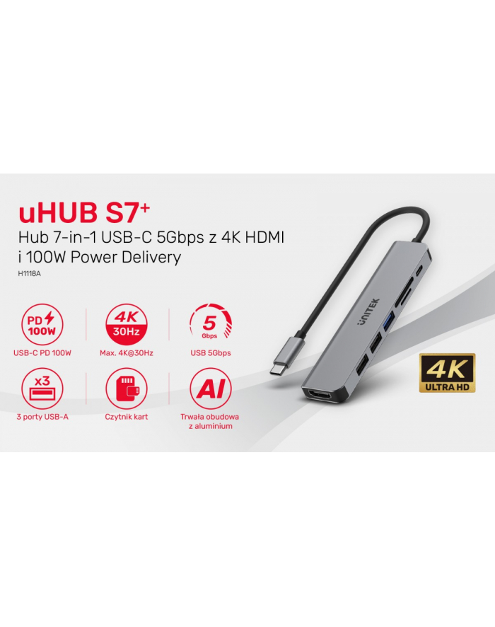unitek HUB USB-C 7w1 Aluminium PD 100W , 5 Gbps , HDMI 4K główny