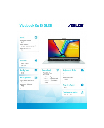 Notebook Asus Vivobook GO 15 OLED E1504FA-L1248W 15,6''FHD/Ryzen 5 7520U/16GB/SSD512GB/Radeon/W11 Zielony