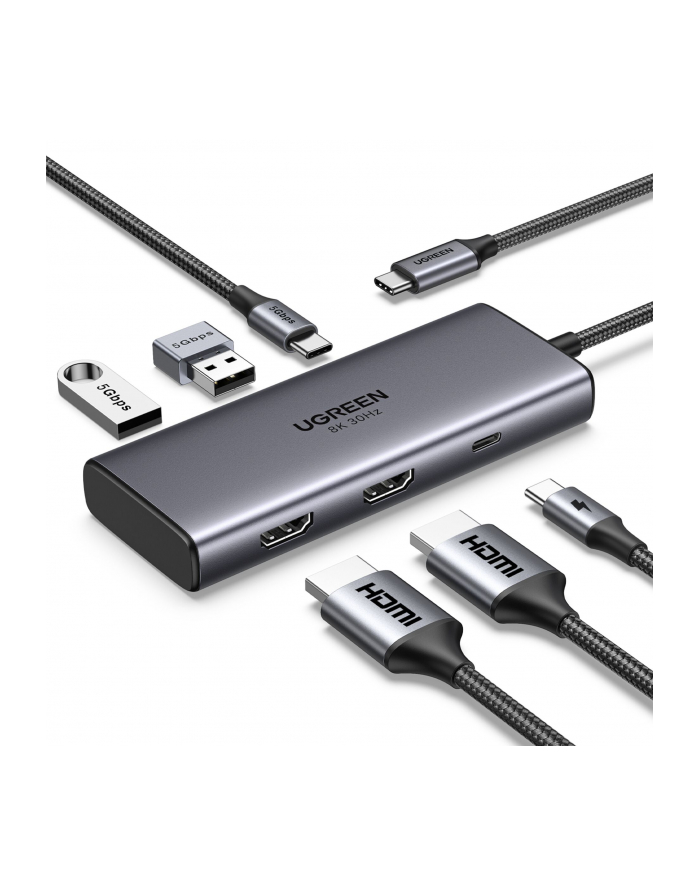 Ugreen Adapter USB Adapter 6w1 CM498 Hub USB do 2x USB-A 3.0, USB-C 3.0, 2xHDMI, PD (15852) główny