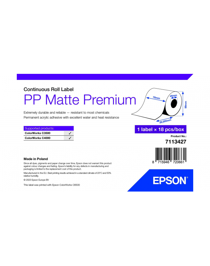 Epson Pp Matte Label Premium, Cont. Rolka, 76Mm X 29Mm (7113427) główny