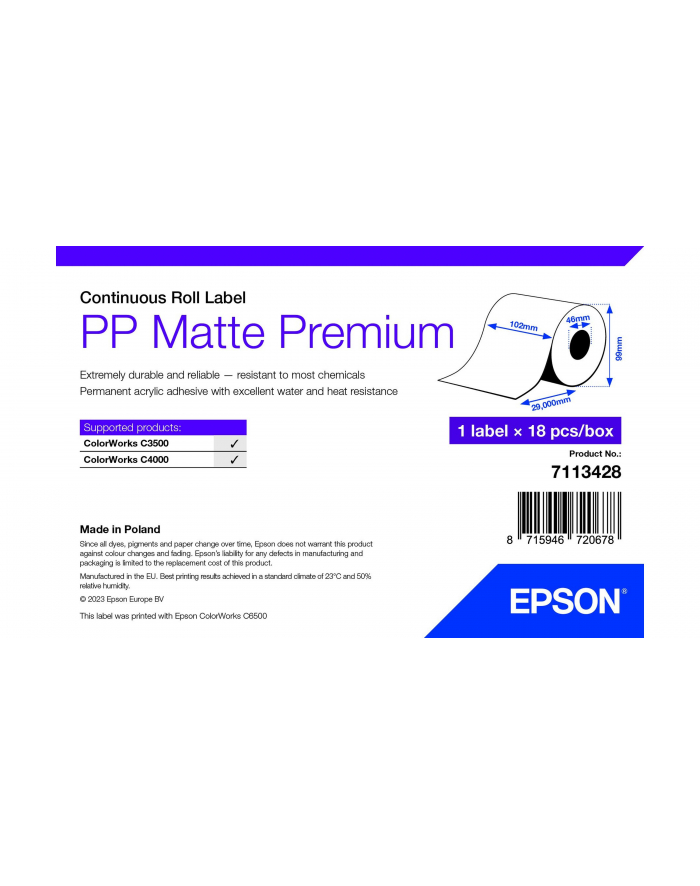 Epson Pp Matte Label Premium, Cont. Rolka, 102Mm X 29Mm (7113428) główny