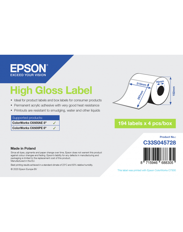 Epson High Gloss Label - Die-Cut Roll: 210mm x 297mm, 194 labels C33S045728 główny