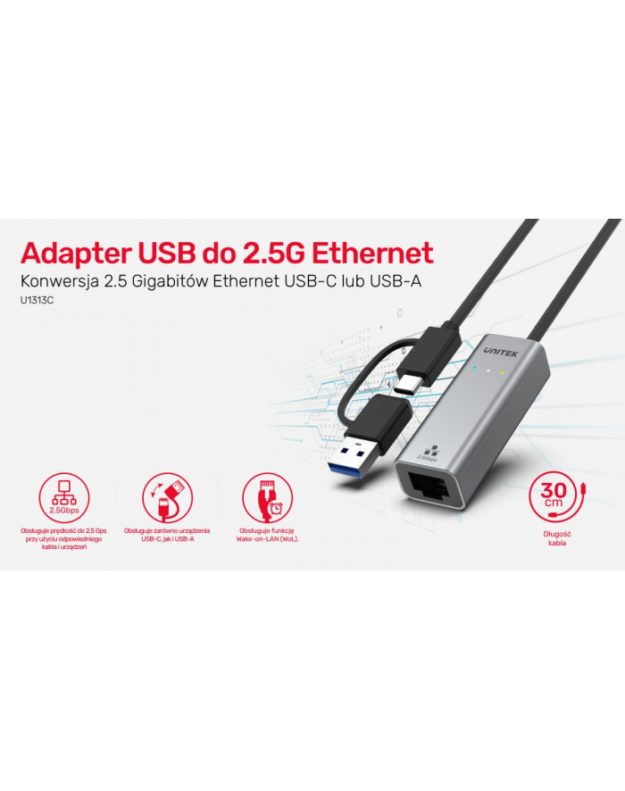 unitek Adapter USB-A/C 3.1 GEN1 RJ45, 2,5 Gbps, U1313C główny