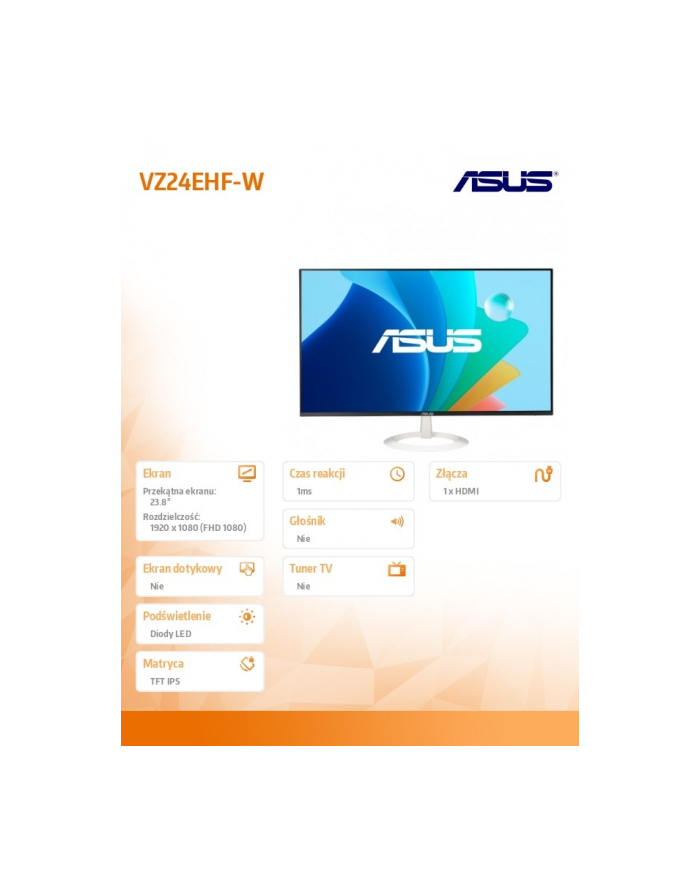 asus Monitor 24 cala VZ24EHF-W IPS, FHD, Frameless, 100Hz, 1ms MPRT, HDMI, główny