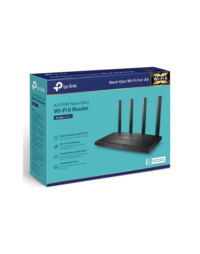 no name TP-LINK | Router Wi-Fi 6 AX1500 | Łucznik AX17 | 80211ax | 10/100/1000 Mbit/s | Porty Ethernet LAN (RJ-45) 3 | Obsługa siatki: Tak | MU-MiMO Tak | Brak komórkowego połączenia szerokopasmowego | Typ anteny: Stała główny