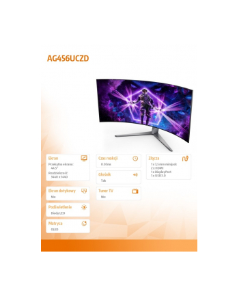 aoc Monitor AG456UCZD 44.5'' Curved OLED 240Hz HDMIx2 DP USB-C HAS Głośniki