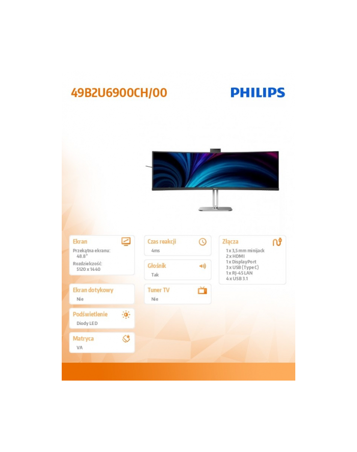 philips Monitor zakrzywiony 49B2U6900CH 49 cali VA HDMIx2 DP RJ45 USB-C HAS KVM Kamera Głośniki główny