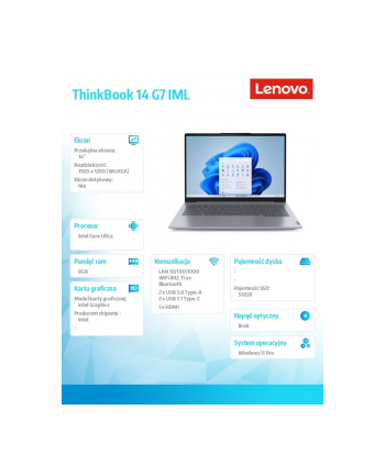 lenovo Notebook ThinkBook 14 G7 21MR008JPB W11Pro Ultra 5 125U/8GB/512GB/INT/14.0 WUXGA/Arctic Grey/3YRS OS + CO2 Offset