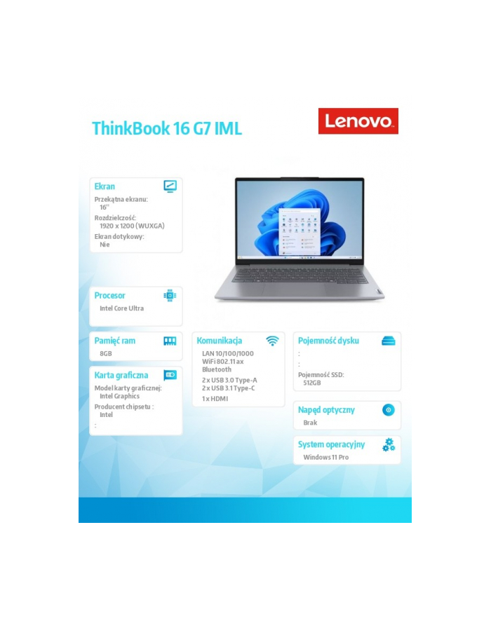 lenovo Notebook ThinkBook 16 G7 21MS007XPB W11Pro Ultra 5 125U/8GB/512GB/INT/16.0 WUXGA/Arctic Grey/3YRS OS + CO2 Offset główny