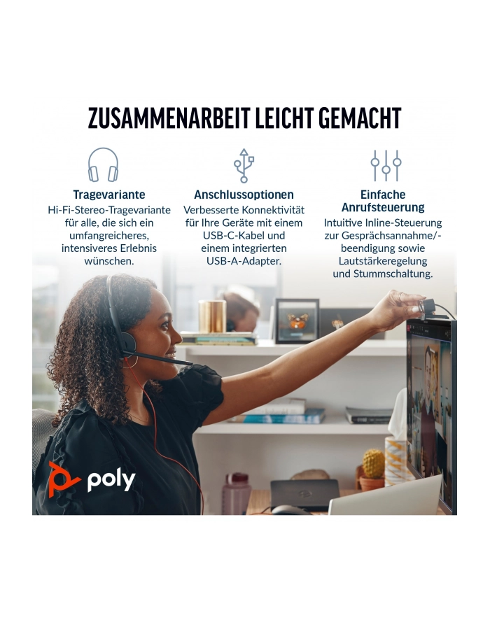 hp inc. HP Poly Blackwire 3220 Stereo USB-C Black Headset +USB-C/A Adapter Bulk główny