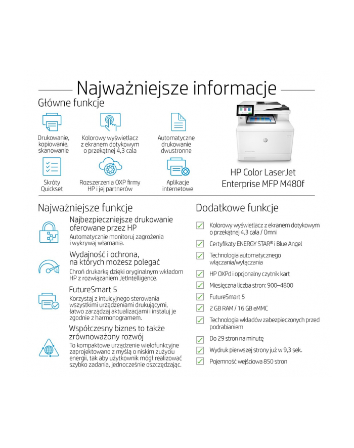 no name HP Color LaserJet Enterprise Urządzenie wielofunkcyjne M480f, W kolorze, Drukarka do Firma, Drukowanie, kopiowanie, skanowanie, faksowanie, Niewielkie wymiary; główny