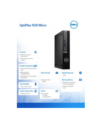 dell Komputer Optiplex MFF/Core i3-14100T/8GB/256GB SSD/Integrated/WLAN + BT/Kb/Mouse/W11Pro