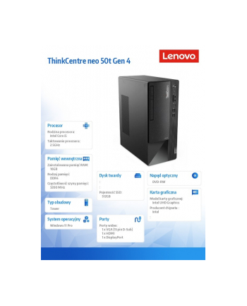 lenovo Komputer ThinkCentre Neo 50t G4 TWR 12JB0015PB W11Pro i5-13400/16GB/512GB/INT/DVD/3YRS OS