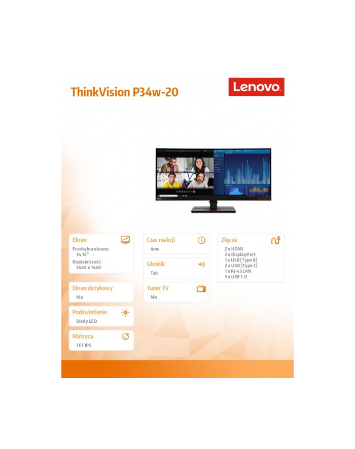 lenovo Monitor 34.14 cala ThinkVision P34w-20 WLED LCD 63F2RAT3(wersja europejska) główny