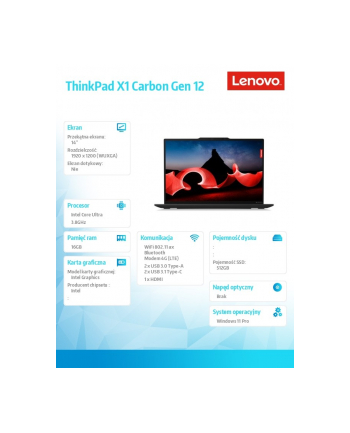 lenovo Ultrabook ThinkPad X1 Carbon G12 21KC0055PB W11Pro Ultra 7 155U/16GB/512GB/INT/LTE/14.0 WUXGA/Black/vPro/3YRS Premier Support + CO2 Offset