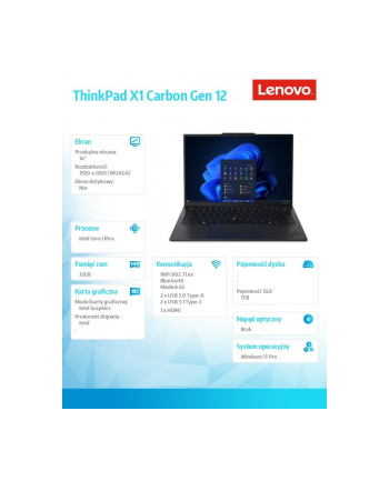 lenovo Ultrabook ThinkPad X1 Carbon G12 21KC0067PB W11Pro Ultra 7 155U/32GB/1TB/INT/LTE/14.0 WUXGA/Black/vPro/3YRS Premier Support + CO2 Offset
