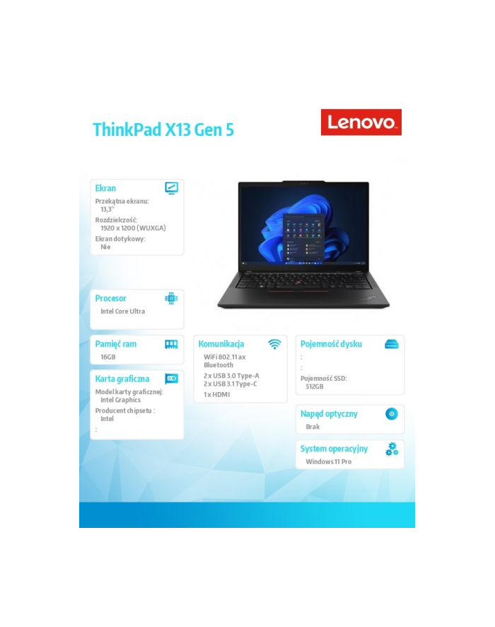 lenovo Ultrabook ThinkPad X13 G5 21LU000QPB W11Pro Ultra 5 125U/16GB/512GB/INT/13.3 WUXGA/Black/3YRS Premier Support + CO2 Offset główny