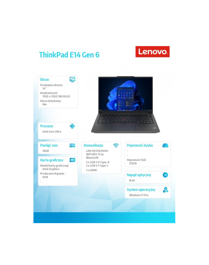 lenovo Laptop ThinkPad E14 G6 21M7002LPB W11Pro Ultra 5 125U/16GB/512GB/INT/14.0 WUXGA/Graphite Black/1YR Premier Support + 3YRS OS + CO2 Offset główny