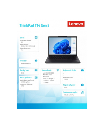 lenovo Ultrabook ThinkPad T14 G5 21ML0025PB W11Pro Ultra 5 125U/16GB/512GB/INT/14.0 WUXGA/Black/3YRS Premier Support + CO2 Offset