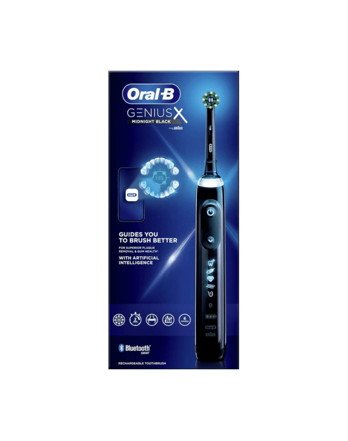 braun Oral-B Genius X , Dorosły, Oscylacyjna szczoteczka do zębów, Codzienna pielęgnacja, Pielęgnacja dziąseł, Wrażliwy, Wybielanie, Czarny, 2 min, Czarny główny