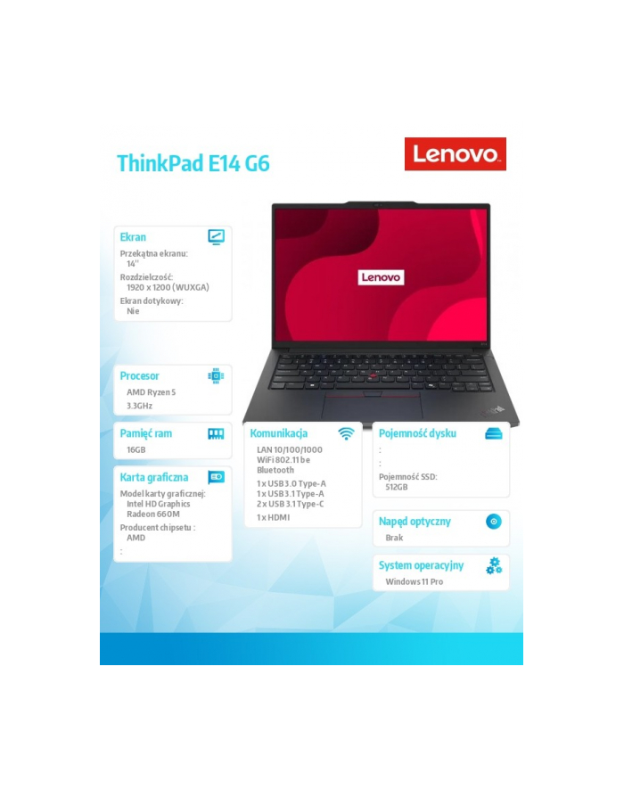 lenovo Laptop ThinkPad E14 G6 21M30027PB W11Pro 7535HS/16GB/512GB/INT/14.0 WUXGA/Graphite Black/1YR Premier Support + 3YRS OS + CO2 Offset główny
