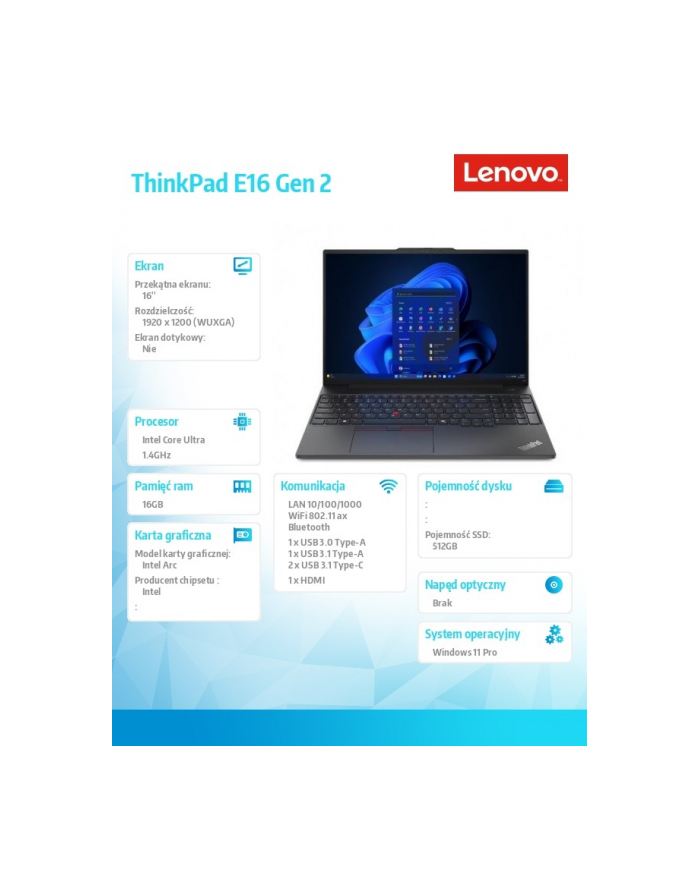 lenovo Notebook ThinkPad E16 G2 21MA002RPB W11Pro i7-1355U/16GB/512GB/INT/16.0 WUXGA/Graphite Black/3YRS OnSite + 1YR Premier Support główny