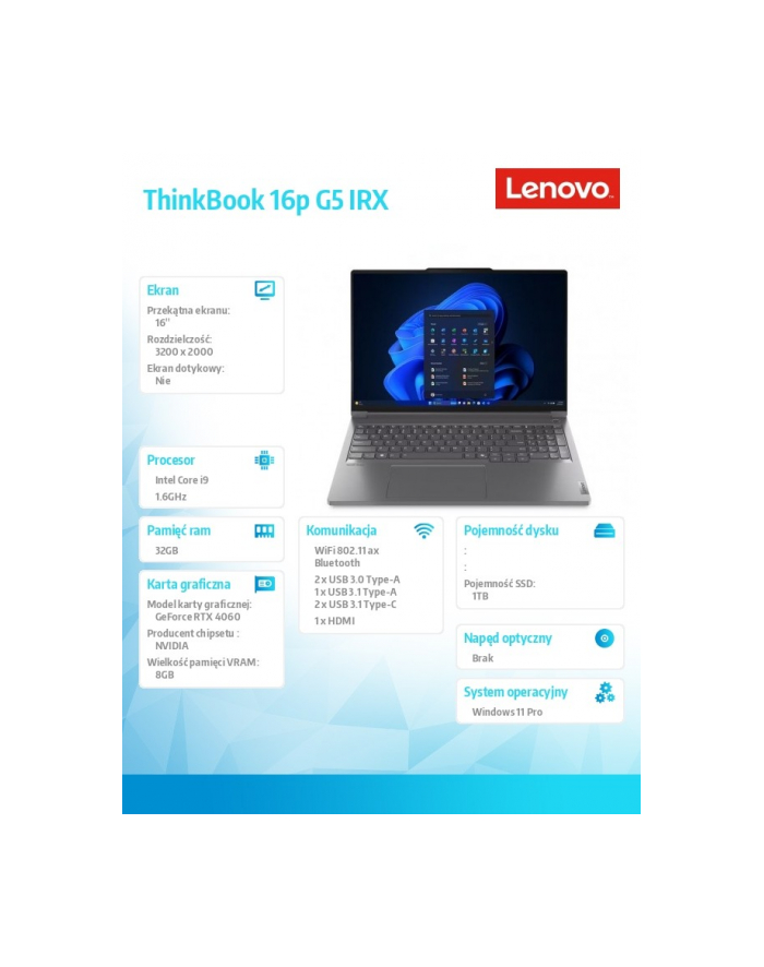 lenovo Notebook ThinkBook 16p G5 21N5001RPB W11Pro i9-14900HX/32GB/1TB/RTX4060 8GB/16.0 3.2K/Storm Grey/3YRS OS + CO2 Offset główny