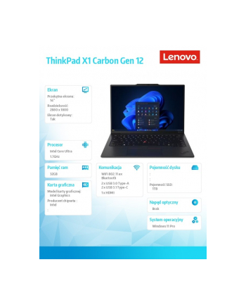 lenovo Ultrabook ThinkPad X1 Carbon G12 21KC005VPB W11Pro Ultra 7 155U/32GB/1TB/INT/LTE/14.0 2.8K OLED/Black/vPro/3YRS Premier Support Plus + CO2 Offset