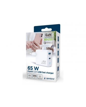 GEMBIRD Szybka ładowarka USB GaN 2-portowa 65W USB Typ-C + USB-A LED biała nr 1