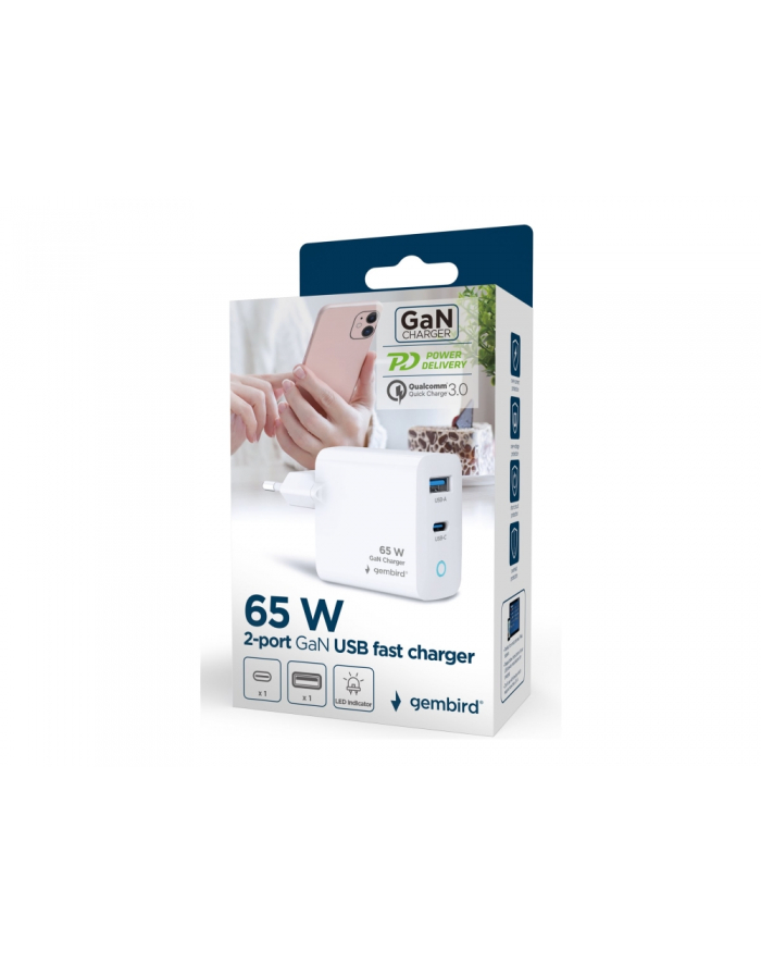 GEMBIRD Szybka ładowarka USB GaN 2-portowa 65W USB Typ-C + USB-A LED biała główny