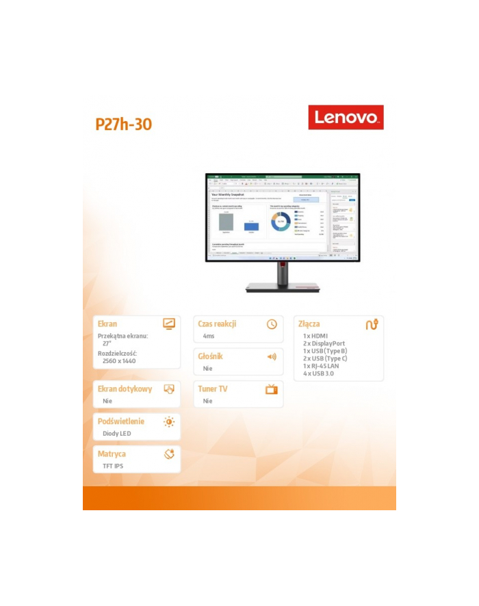 lenovo Monitor ThinkVision P27h-30 27 cali  63A1GAT1(wersja europejska) główny