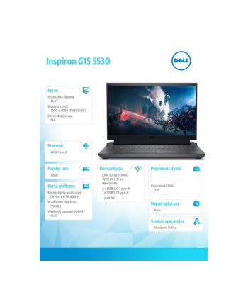 dell Notebook Inspiron G15 5530 Win11Pro Core i7-13650HX/32GB/1TB SSD/15.6 FHD 360Hz/GeForce RTX 4060/Cam ' Mic/WLAN + BT/Backlit Kb/6 Cell/3Y Basic Onsite
