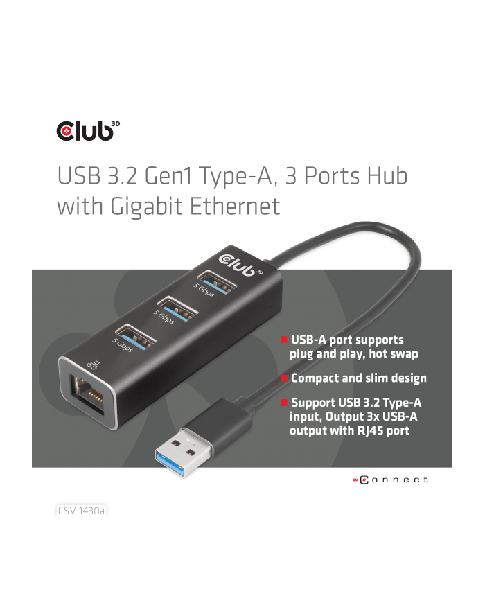 Club 3D Club3D Rozbočovač, USB-A 3.2 Gen1 na 3x USB 3.1, Gigabit Ethernet główny