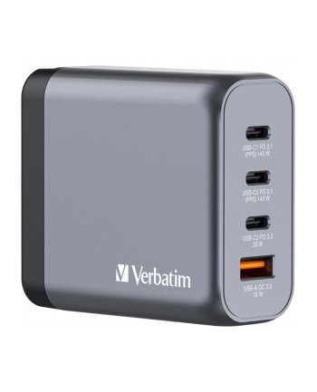 Verbatim GaN charger 140W, 1x USB-A, 3x USB-C (grey, PD 3.1, PD 3.0, QC 3.0)
