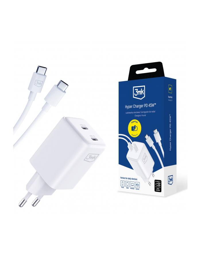 3mk pczerwonyection Ładowarka sieciowa 3mk Hyper Charger PD 45W+USB Cable C to C White główny