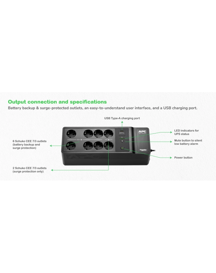 APC Back-UPS 500VA 8 schuko outlets 230V 1 USB charging port główny