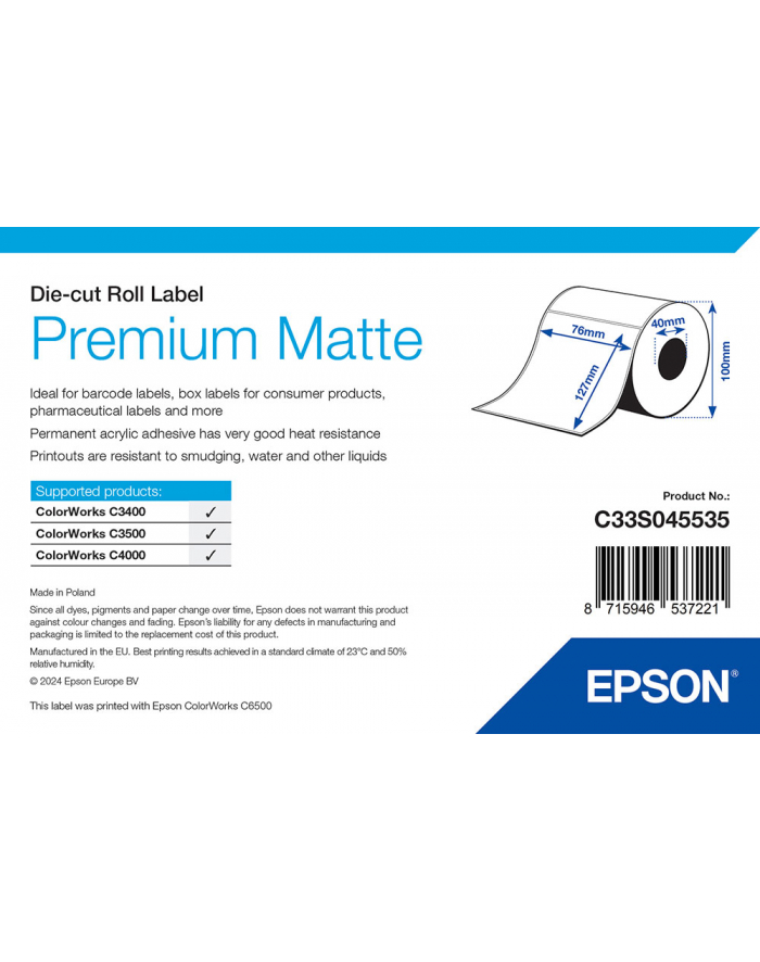 epson Premium Matte Label - Die-cut Roll: 76mm x 127mm, 265 labels główny