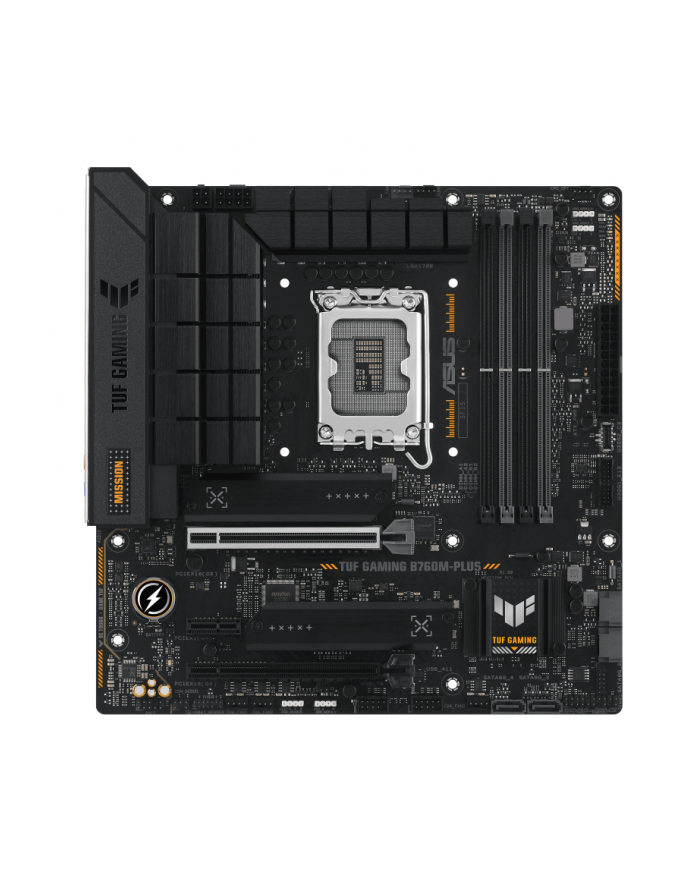 no name Asus TUF GAMING B760M-PLUS Processor family Intel Processor socket  LGA1700 DDR5 DIMM Memory slots 4 Supported hard disk drive interfaces SATA, M2 Number of SATA connectors 4 Chipset  Intel B760  mATX główny