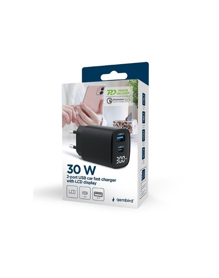 gembird Ładowarka GaN 1xUSB-A 1xUSB-C LCD 30W PD QC3.0 czarna główny