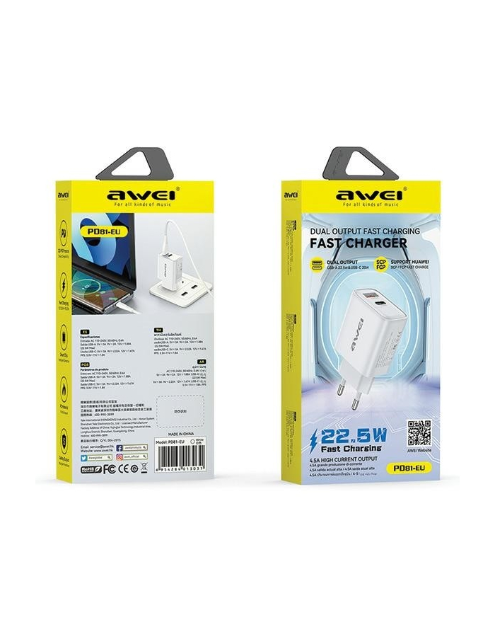 awei Ładowarka sieciowa 22,5W GaN USB-C Czarna główny